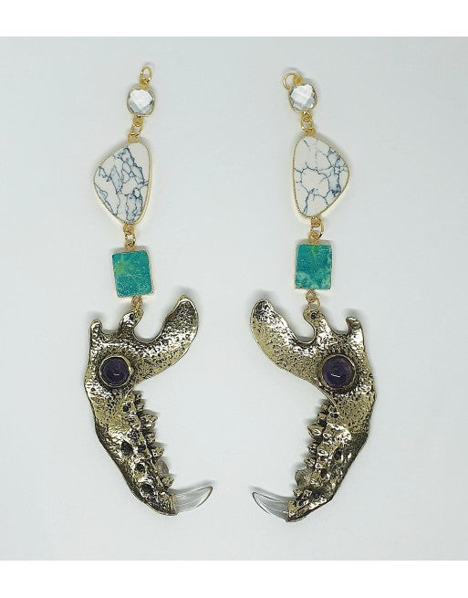 Feral child yellowbrass with Howlite, Tibetan Turquoise and clear topas